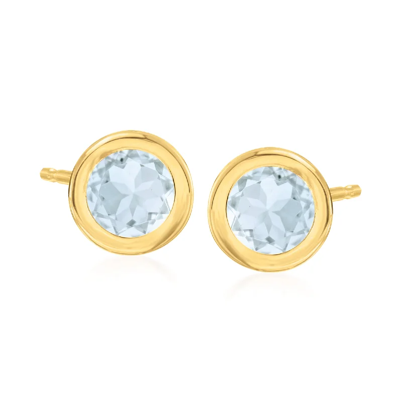 Stud Earrings for School Uniform -Ross-Simons Bezel-Set Aquamarine Stud Earrings in 14kt Yellow Gold