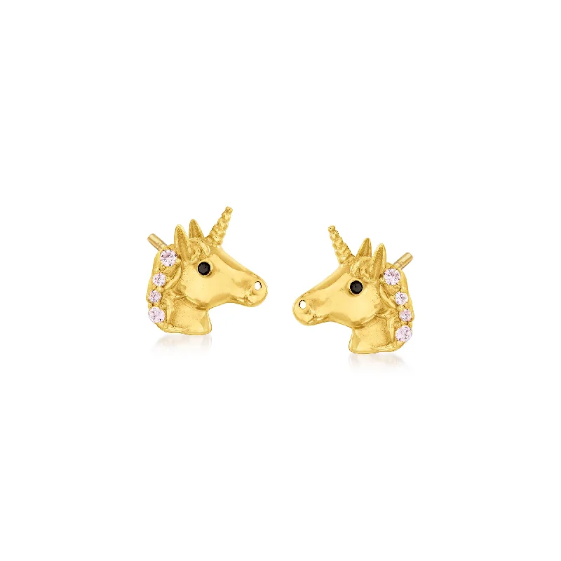 Gemstone Stud Earrings for Color -Ross-Simons Child's Pink and Black Cz-Accented Tiny Unicorn Stud Earrings in 14kt Yellow Gold