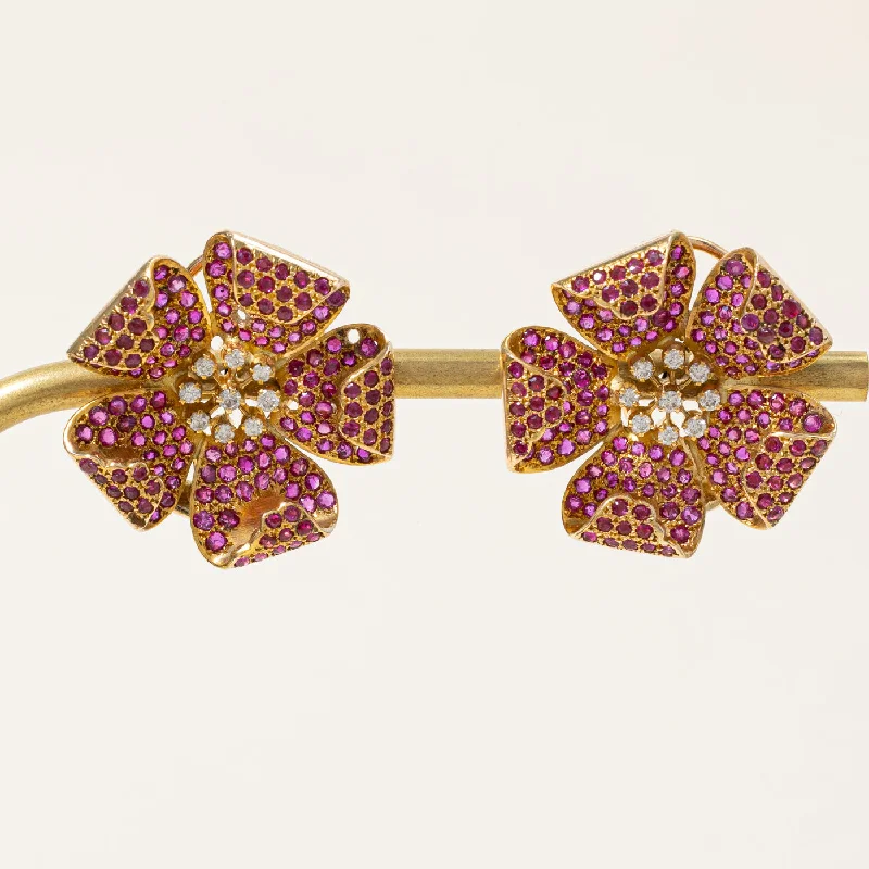 Stud Earrings with Hammered Finish -Ruby & Diamond Flower Stud Earrings | 0.34ctw, 0.34ctw |