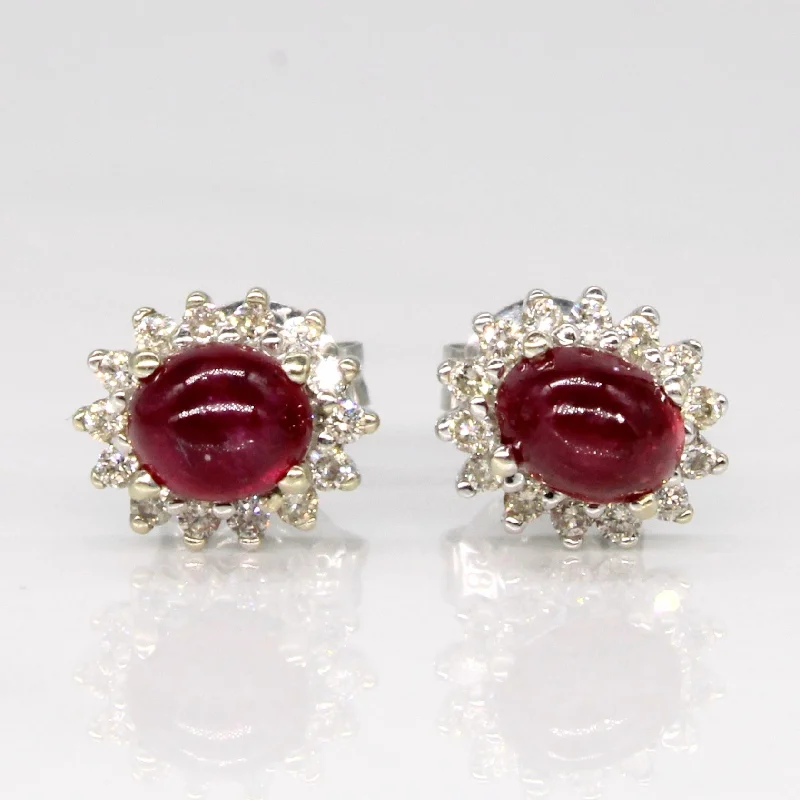 Screw Back Stud Earrings for Security -Cabochon Ruby & Diamond Halo Stud Earrings | 1.00ctw, 0.14ctw |