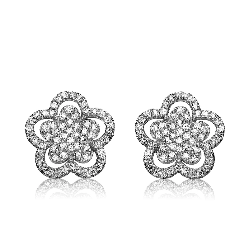 Stud Earrings with Rhinestones -Sterling Silver In White Gold Plating Cubic Zirconia Double flower Stud Earrings