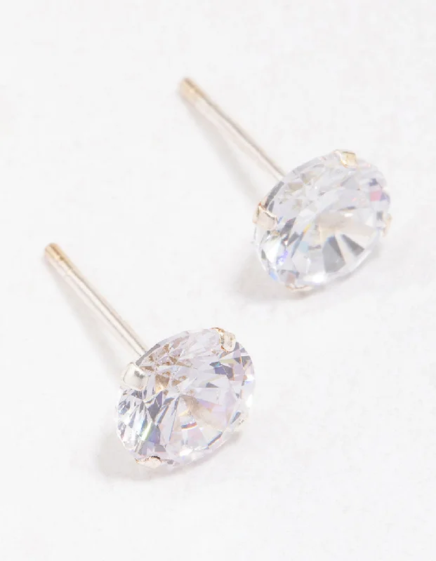 Stud Earrings for Concert Look -Sterling Silver Round Cubic Zirconia Stud Earrings