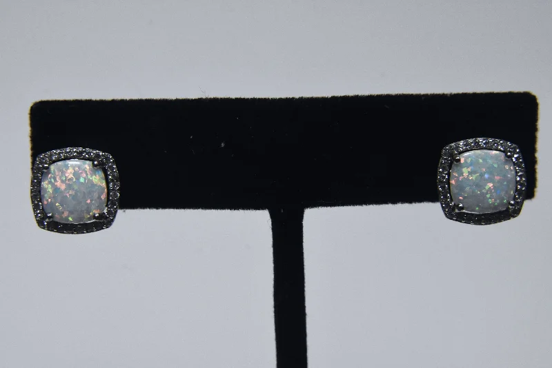 Stud Earrings with Filigree -Sterling Silver White Opal Cushion Cut Stud Earrings