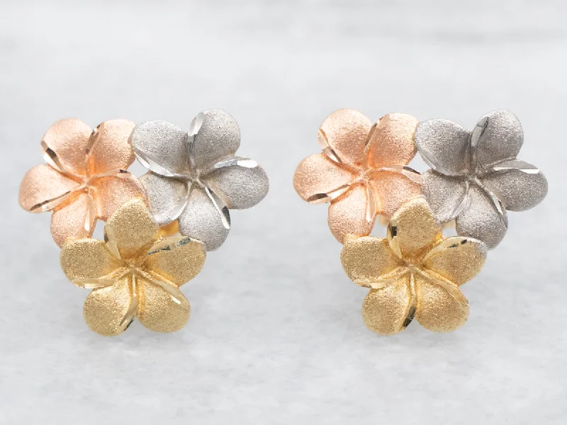 Stud Earrings for Gym Workout -Tri Color Gold Floral Stud Earrings