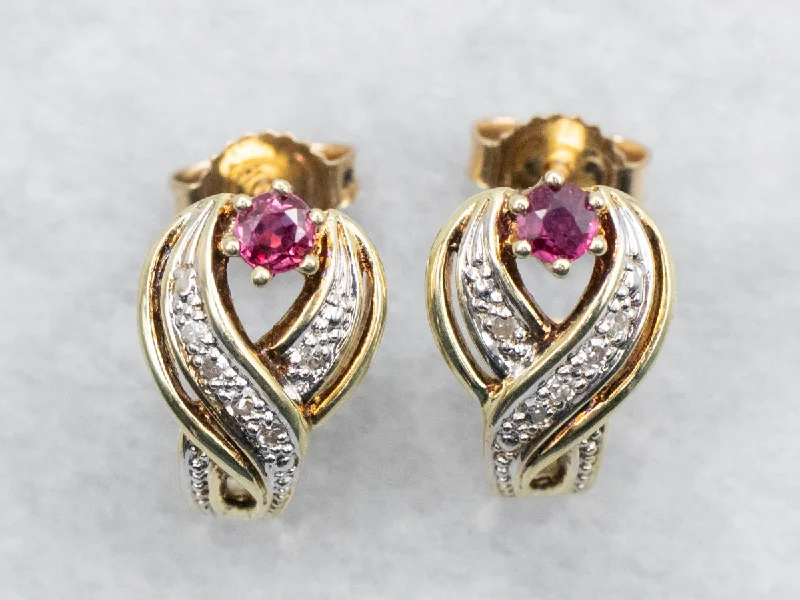 Diamond Stud Earrings for Luxury -Two Tone Ruby and Diamond Crossover Stud Earrings