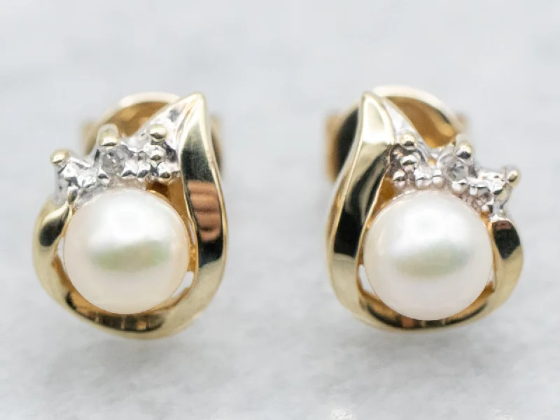 Stud Earrings for School Uniform -Saltwater Pearl and Diamond Stud Earrings