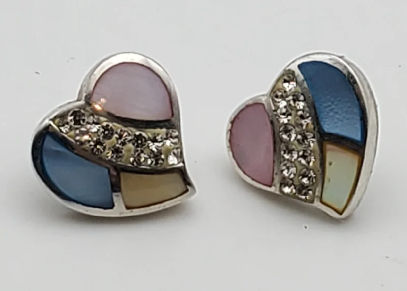 Stud Earrings for Gym Workout -Vintage Sterling Silver Mother of Pearl Enamel and Rhinestone Heart Stud Earrings