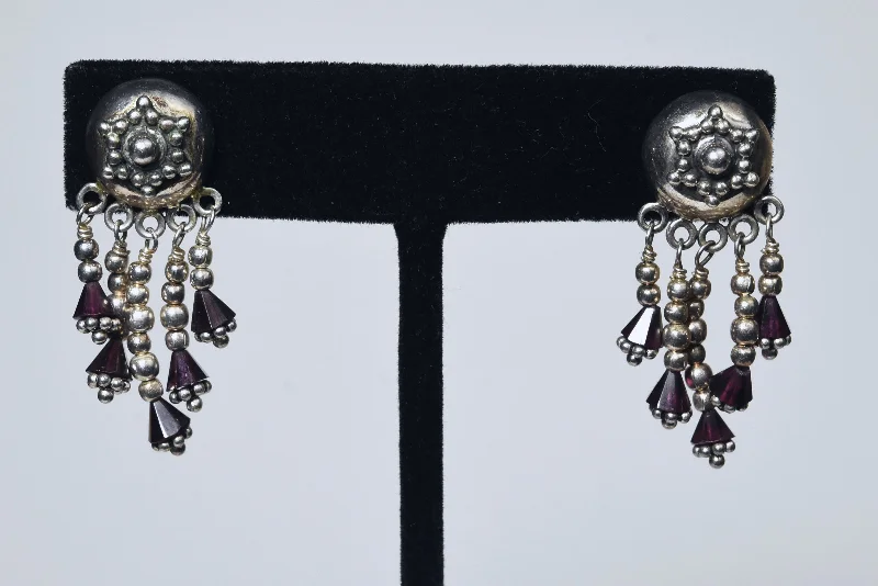 Stud Earrings with Leaf Motifs -Vintage Sterling Silver Red Garnet Dangle Indian Stud Earrings