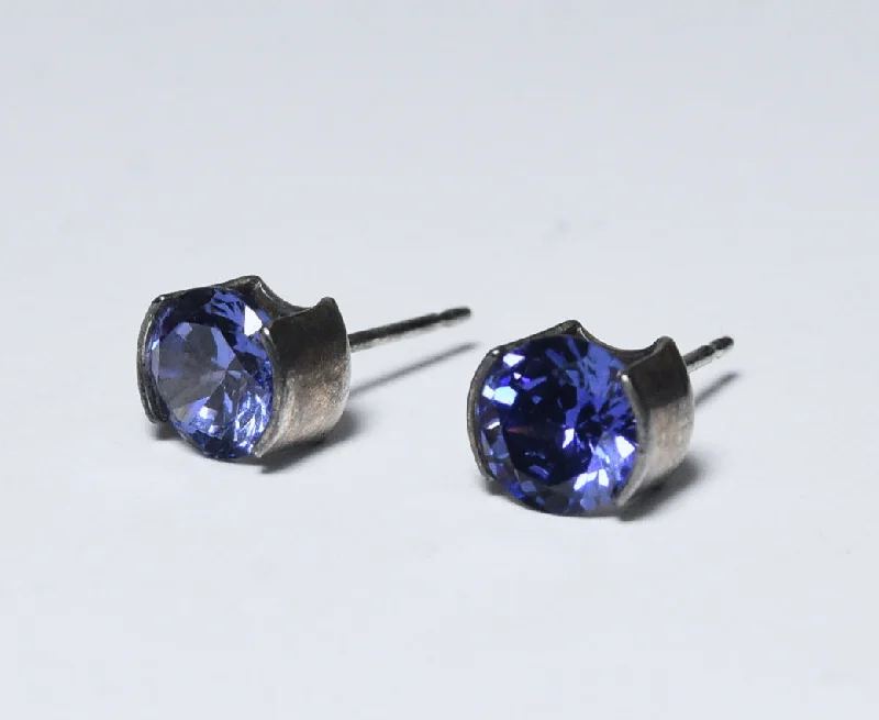 Gothic Stud Earrings with Dark Tone -Violetish-Blue Crystal Sterling Silver Stud Earrings