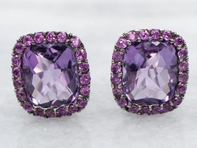 Stud Earrings for Formal Attire -Amethyst Stud Earrings with Pink Sapphire Halo