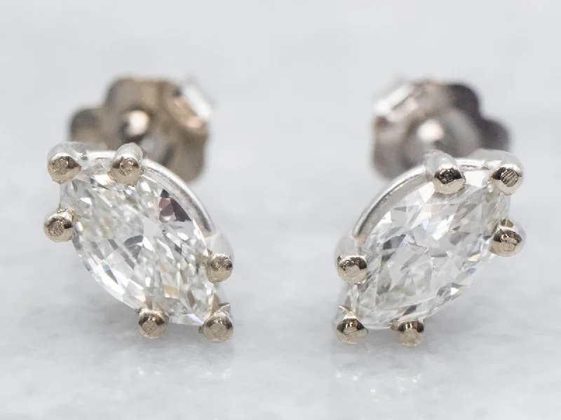 Lightweight Stud Earrings for All Day -White Gold Marquise Cut Diamond Stud Earrings