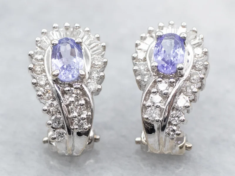 Stud Earrings for Work Attire -White Gold Oval Cut Tanzanite Stud Earrings with Round and Baguette Cut Diamond Accents and Omega Backs