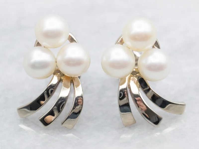 Stud Earrings with Abstract Designs -White Gold Pearl Stud Earrings