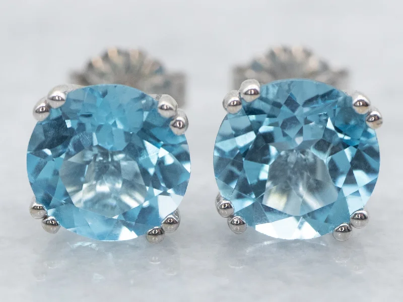 Stud Earrings for Casual Outfit -White Gold Round Cut Blue Topaz Stud Earrings