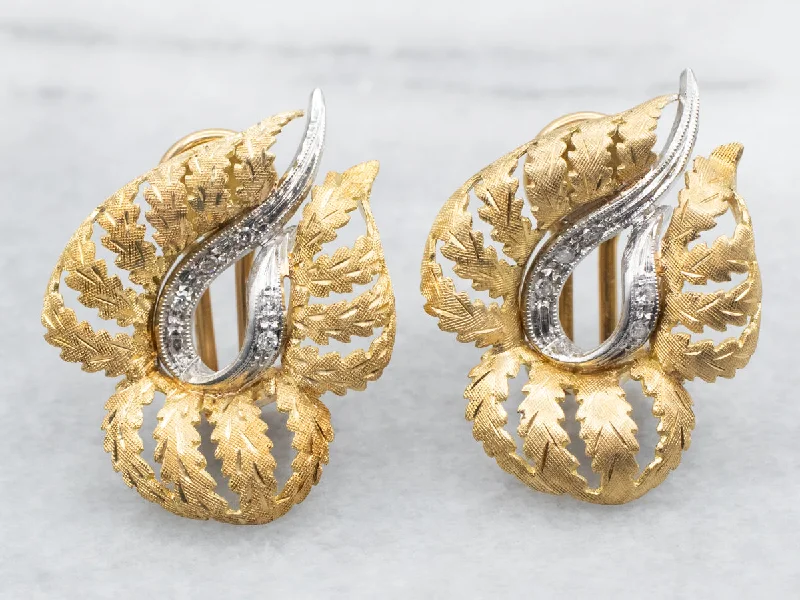 Stud Earrings for Festival Style -Yellow and White Gold Leaf Stud Earrings with Diamond Accents and Omega Backs