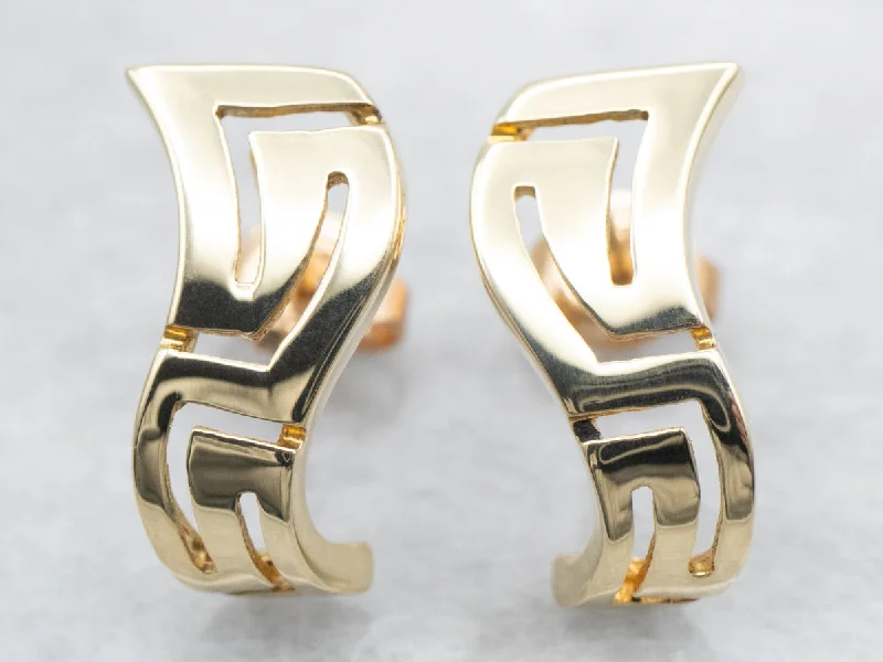 Stud Earrings for School Uniform -Yellow Gold Abstract Greek Key Stud Earrings