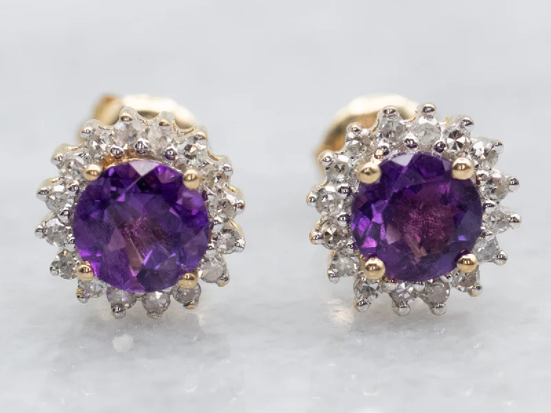 Stud Earrings for Fitness Activities -Amethyst and Diamond Halo Stud Earrings