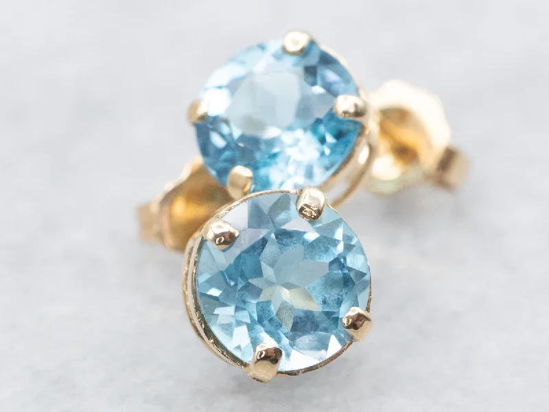 Stud Earrings with Wave Designs -Yellow Gold Blue Topaz Stud Earrings