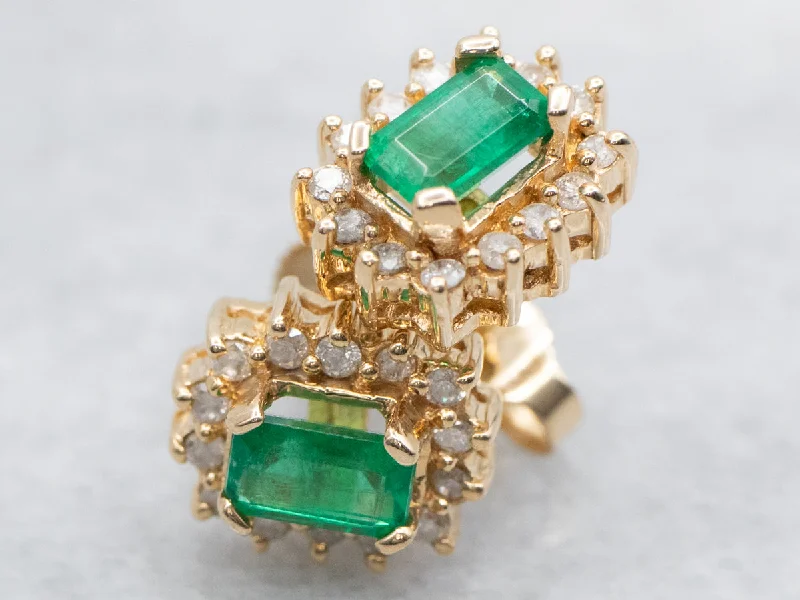 Stud Earrings for Work Attire -Gold Emerald and Diamond Halo Stud Earrings