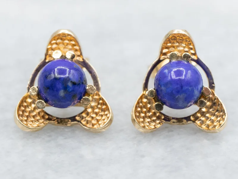 Stud Earrings for Graduation Day -Textured Yellow Gold Lapis Stud Earrings