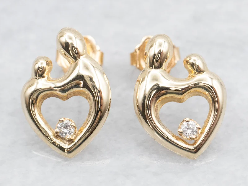 Heart Shaped Stud Earrings for Love -Mother and Child Stud Earrings with Diamond Accent