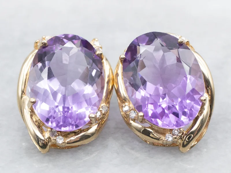 Leverback Stud Earrings for Comfort -Bold Amethyst White Topaz and Gold Stud Earrings