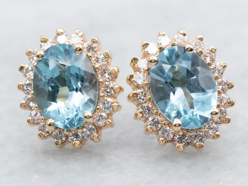 Silver Stud Earrings for Men -Blue Topaz Stud Earrings with Diamond Halo