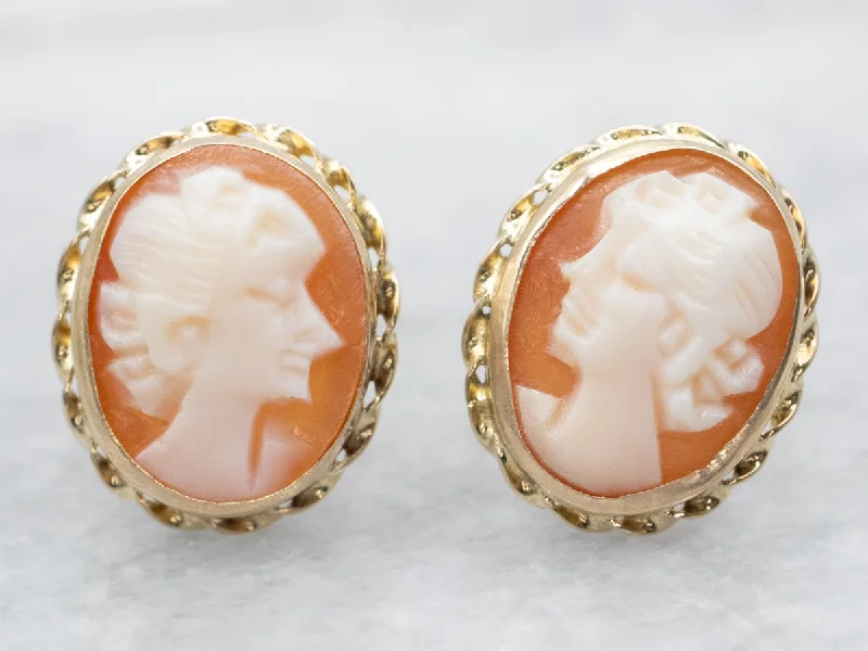 Multi Stud Earrings with Chains -Yellow Gold Oval Cut Cameo Stud Earrings