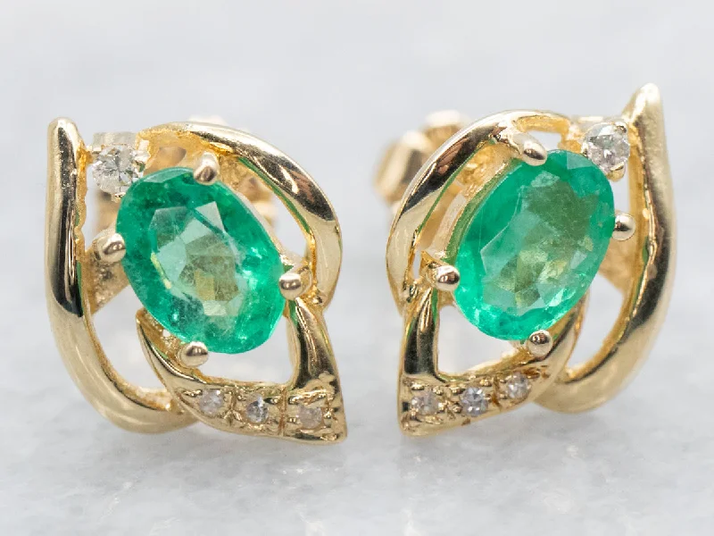 Square Stud Earrings for Modern -Emerald and Diamond Stud Earrings