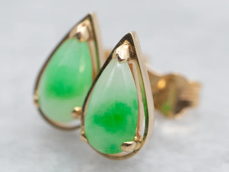 Stud Earrings for Engagement Party -Yellow Gold Pear Cut Jade Stud Earrings