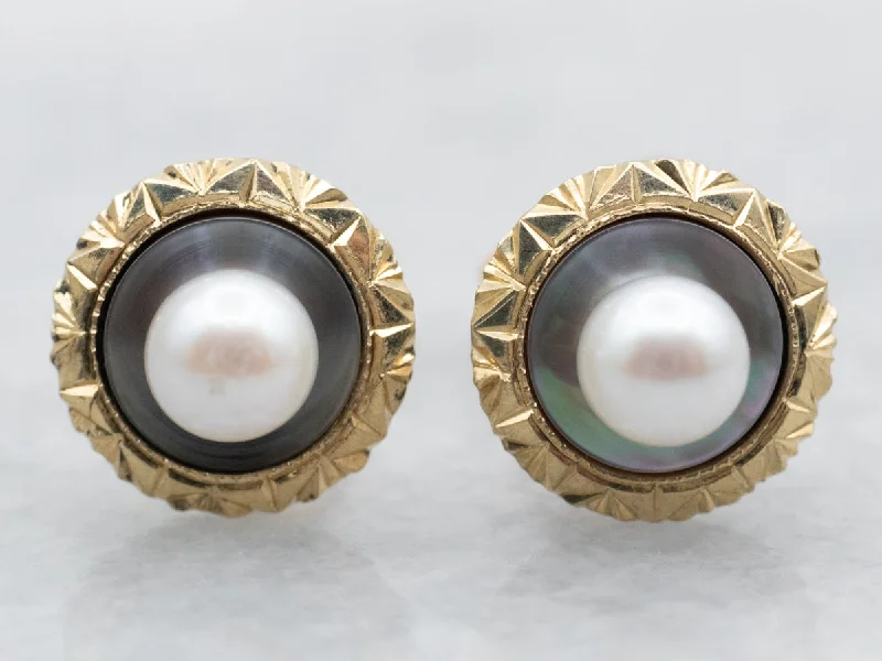 Stud Earrings for Fitness Activities -Yellow Gold Pearl and Mother of Pearl Stud Earrings