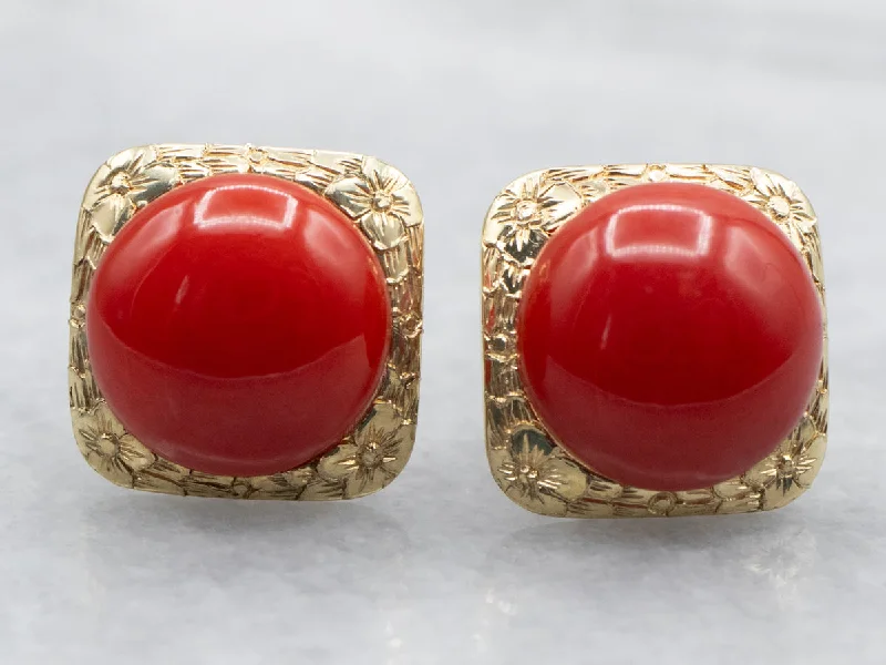 Stud Earrings with Matte Finish -Yellow Gold Round Cut Coral Cabochon Stud Earrings