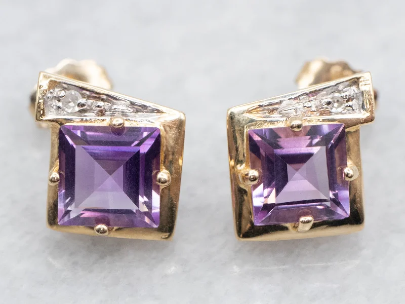 Stud Earrings with Leaf Motifs -Square Cut Amethyst and Diamond Stud Earrings