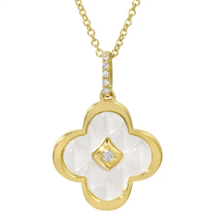 Necklaces and pendants with love knot designs for a romantic, meaningful symbol-14k Yellow Gold Fluted Mother of Pearl Quatrefoil Diamond Necklace