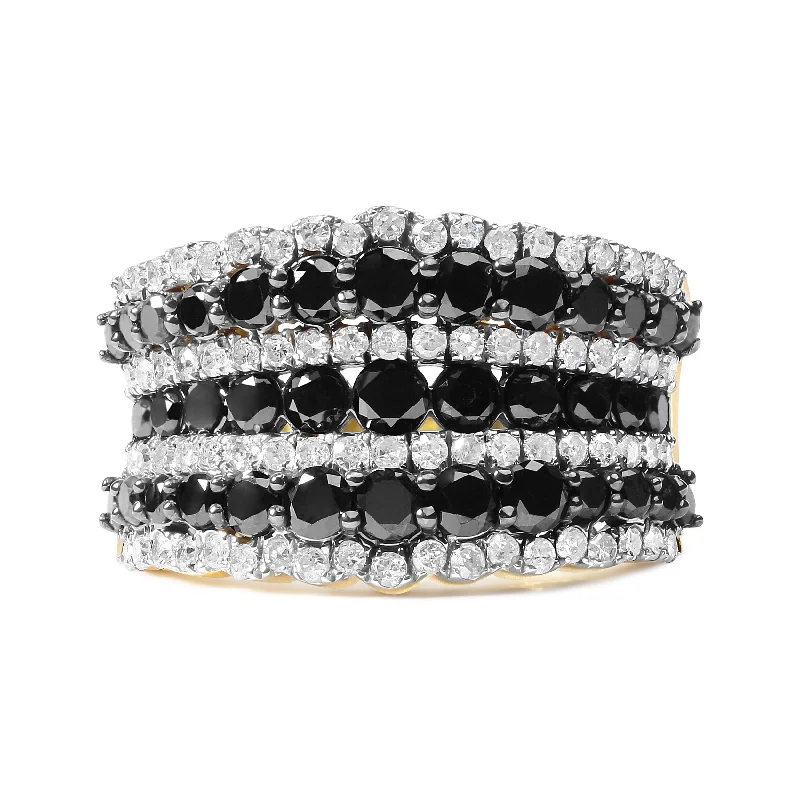 Women’s slim rings with pave sapphire accents -14K Yellow Gold Plated .925 Sterling Silver 1 3/4 Cttw Treated Black and White Alternating Diamond Multi Row Band Ring