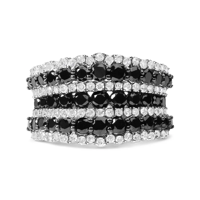 Women’s rings with rough opal for beauty -.925 Sterling Silver 1 3/4 Cttw Treated Black and White Alternating Diamond Multi Row Band Ring