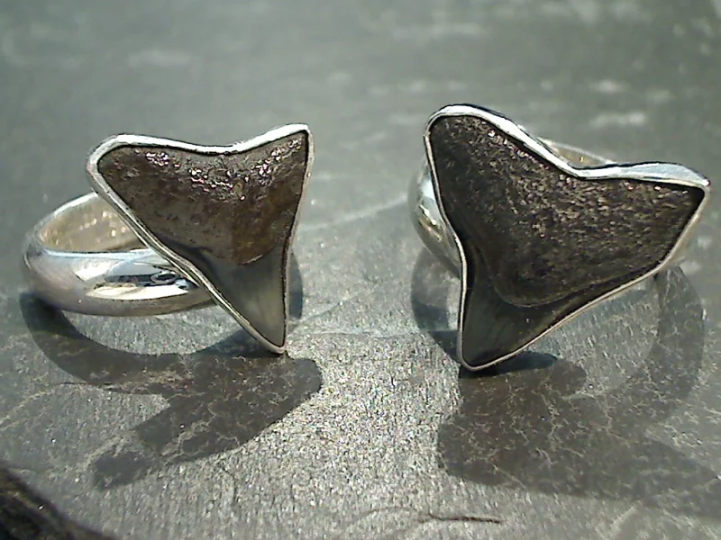 Women’s rings with vine-inspired emerald bands -Adjustable Size Fossil Shark Tooth, Fine Sterling Silver Ring