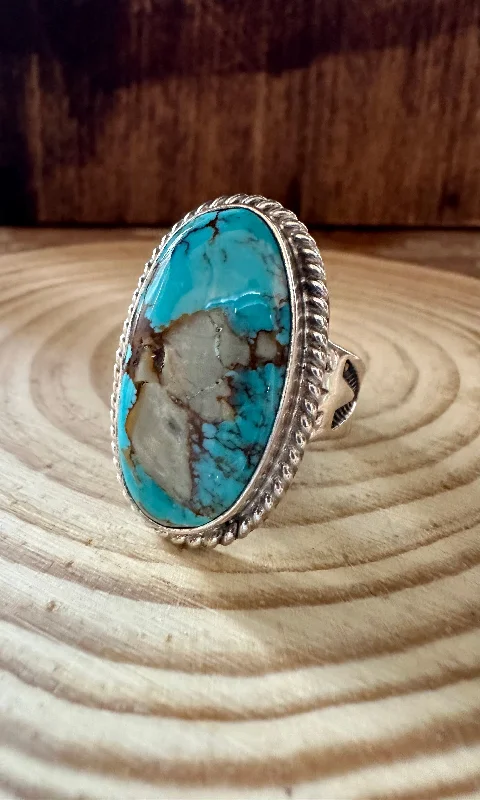 Women’s rings with engraved floral band patterns -ALVERY SMITH Handmade Sterling Silver and Turquoise Ring • Size 10 1/2