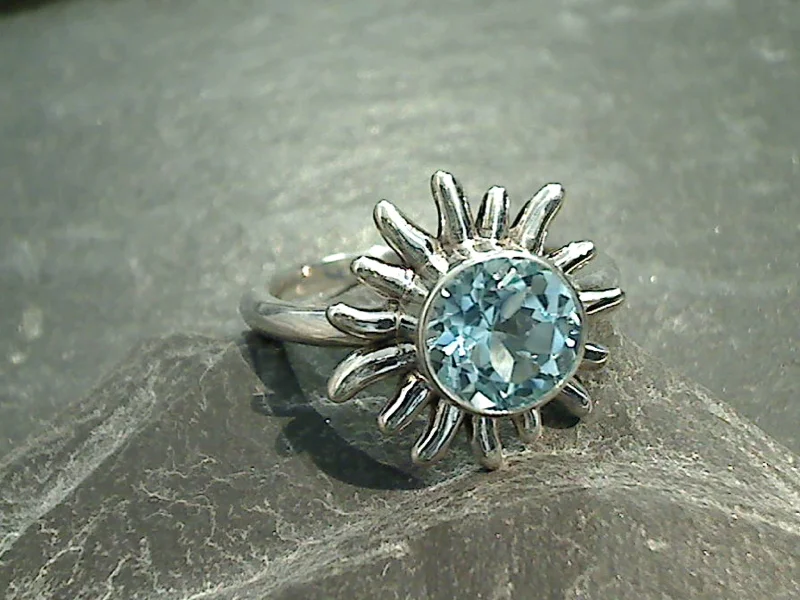 Women’s rings with lotus-inspired sapphire bands -Size 10 Blue Topaz, Sterling Silver Ring