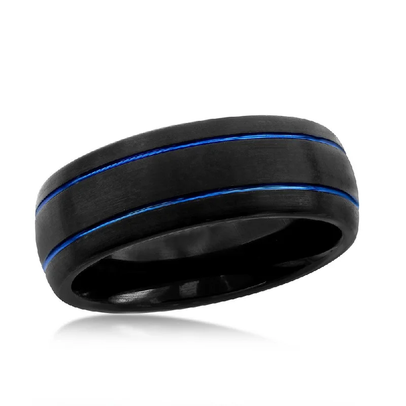 Women’s rings with citrine stones for warmth -Black and Blue Double Stripe Tungsten Ring