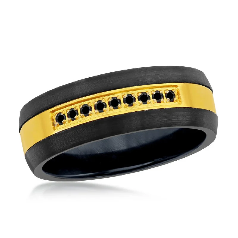 Women’s rings with intricate mandala engravings -Black & Gold w/ Black CZ Tungsten Ring