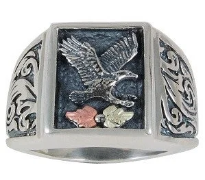 Women’s rings with aquamarine gems for calm -Black Hills Gold Oxidized Sterling Silver Eagle Ring