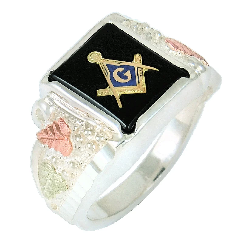 Women’s vintage-style rings with oxidized finish -Black Hills Gold Sterling Silver Masonic Ring