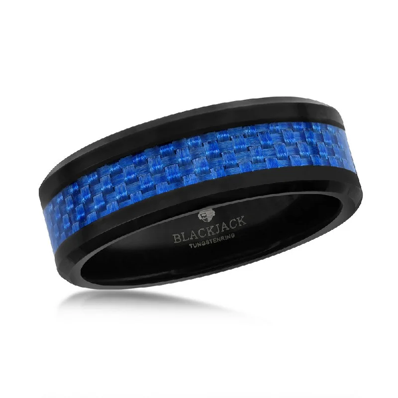 Women’s rings with crown-inspired topaz designs -Black Tungsten Ring W/ Blue Carbon Fiber