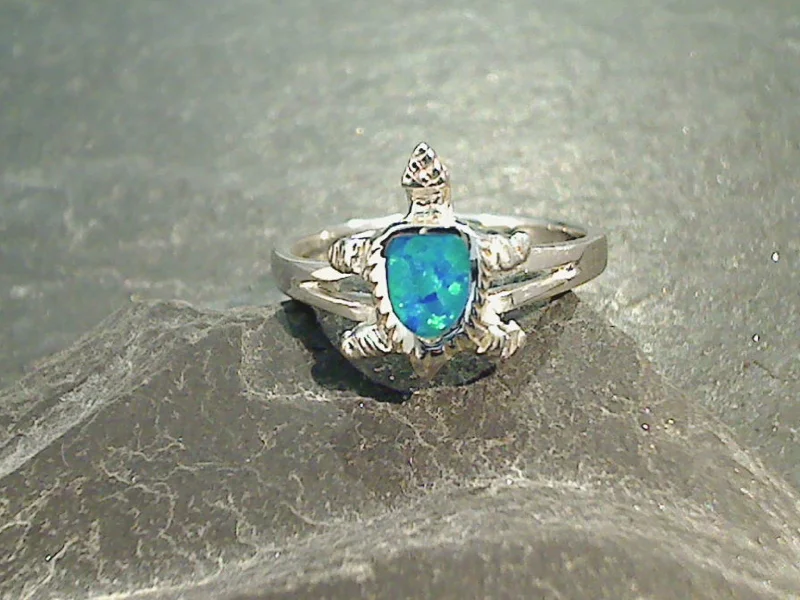 Women’s rings with vine-inspired emerald bands -Size 6.75 Lab Created Opal, Sterling Silver Sea Turtle Ring