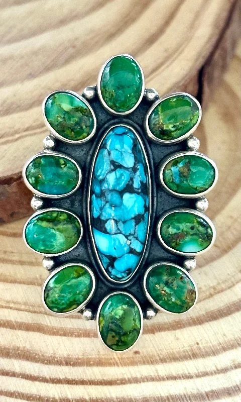 Women’s rings with star sapphire for glow -BLOOMING FLOWER Sterling Silver Blue & Green Turquoise Cluster Ring • Sizes 7 & 9 1/4