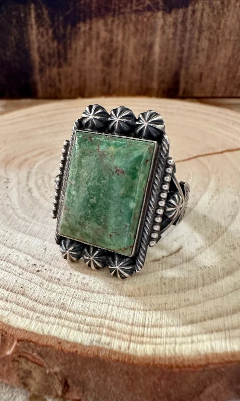 Women’s rings with lotus-inspired sapphire bands -CACTUS GREEN Square Green Turquoise Sterling Ring • Size 13