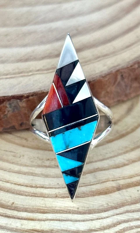 Women’s rings with rainbow moonstone for play -CLEO KALLESTEWA Multi Stone Inlay Native American Zuni Ring • Size 7