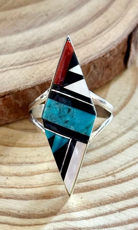 Women’s rings with polished peacock ore glow -CLEO KALLESTEWA Multi Stone Inlay Native American Zuni Ring • Size 8