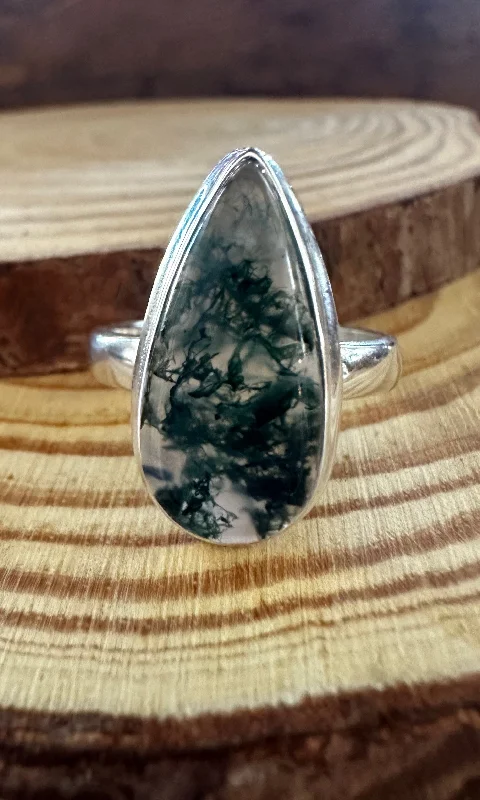 Women’s rings with citrine stones for warmth -MOSS AGATE and Silver Ring • Size 8